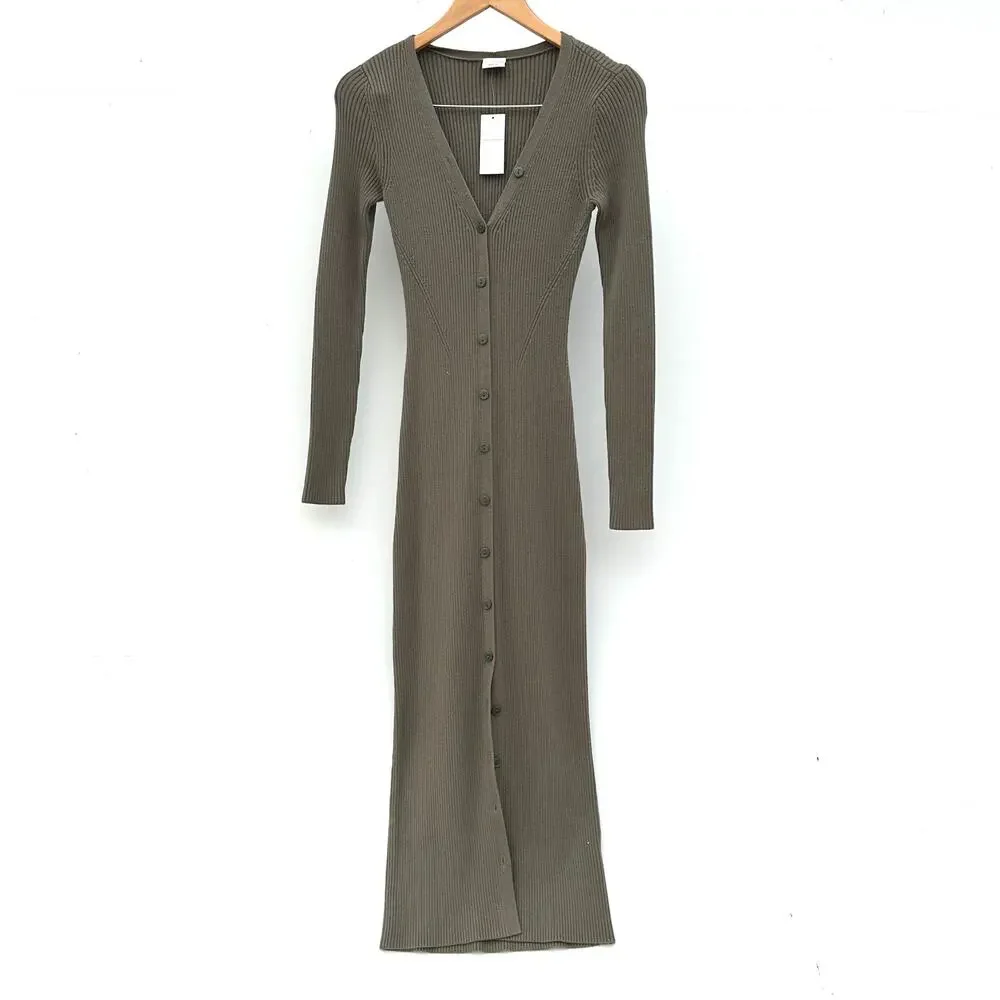 New Abercrombie & Fitch Button Front Ribbed Maxi Sweater Dress Olive Green Small